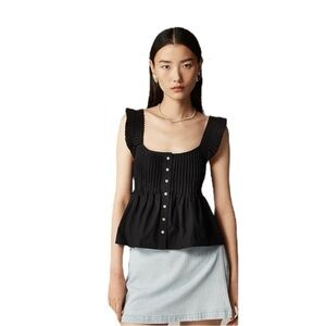 J Crew Black Pintuck Flutter Sleeve Pleated Top Womens Size M Cottagecore Beach